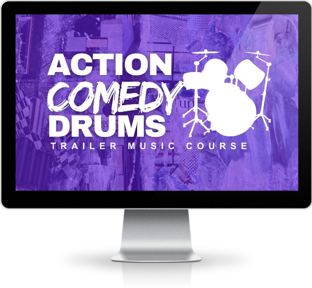Action Comedy Drums course shown on a desktop screen